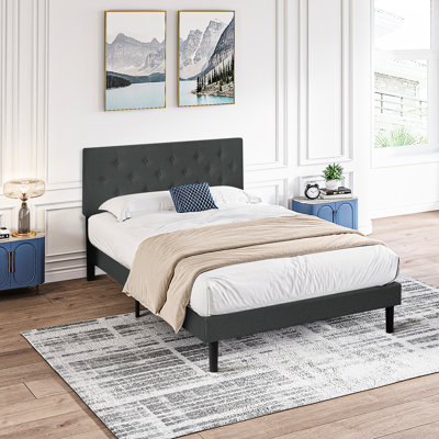 Structure de lit simple tapissier avec tête de lit en lin gris foncé, aucun sommier requis, support à lattes de bois, installation rapide, tête de lit moderne d'une capacité de poids de 300 lb - requis, assemblage facile, limite