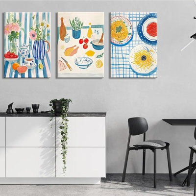 3Pcs Blue Striped Dining Room Food Wall Art Funky Kitchen Wall Decor Pictures Vintage Kitchen Plant Posters Prints Pasta Night Painting For Dining Room Kitchen Home Decoration 12X16in Framed