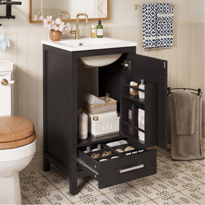 Meuble-lavabo moderne de 45,7 cm (18 pouces) avec lavabo en céramique, tiroirs à fermeture douce et organisateur de porte – Rangement gain de place pour les petites salles de bain