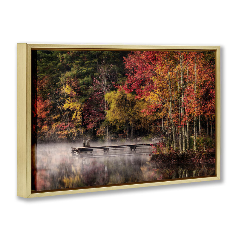 «Autumn Dock Landscape», toile flottante encadrée grise par Andy Amos, Cadre flottant métallique doré, H 17 po x l 25 po