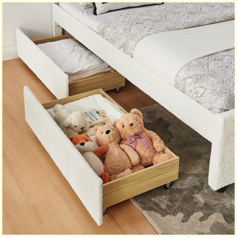 Grand lit tapissier en chenille avec tête de lit capitonnée, tiroirs de rangement et lit gigogne, Beige