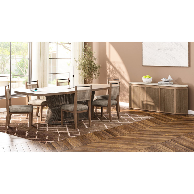 Table de salle à manger transitionnelle avec base en corde, beige, bois massif et placage de chêne