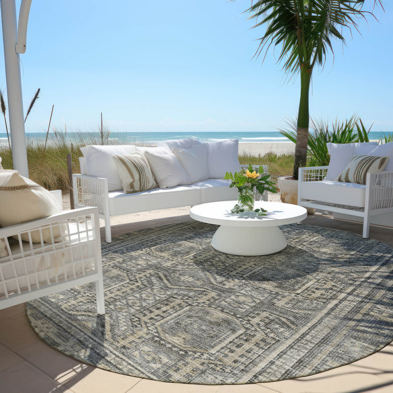 Machine Washable Indoor/Outdoor Xhevrie Pewter Rug, Round 8'