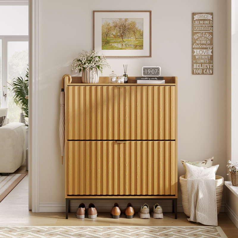 Fluted Shoe Storage Cabinet With 2 Flip Drawers