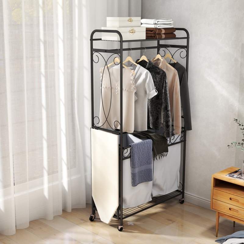 Organisateur de panier à linge multifonctionnel avec rail de suspension et tablette de rangement