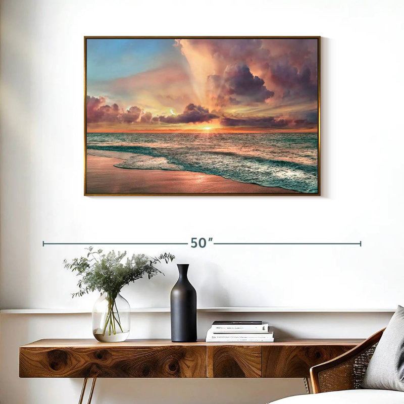 Plage de cuivre, Cadre flottant doré, 37 po x 25 po