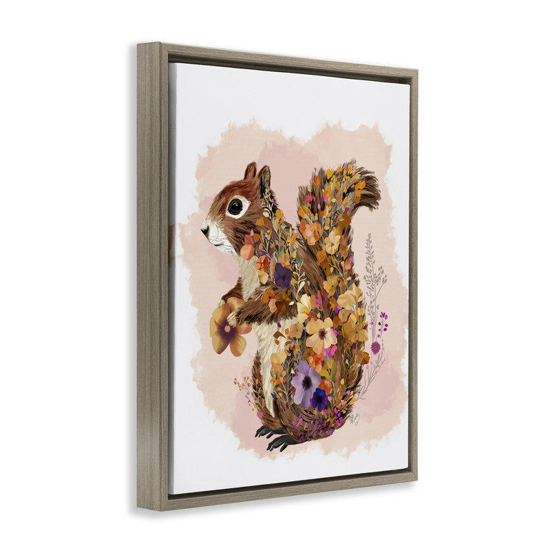 Art mural sur toile écureuil à motif de fleurs sauvages par Fab Funky, Cadre flottant orme Montalcino, H 21 po x l 17 po