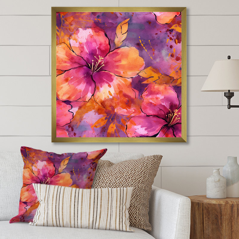 Pétales d'hibiscus orange mauve sur bois, H 25 po x l 25 po x P 0,78 po