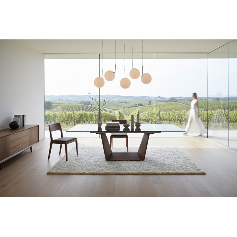 Contemporary Extendable Smoked Tempered Glass Dining Table With Angled Wood Base