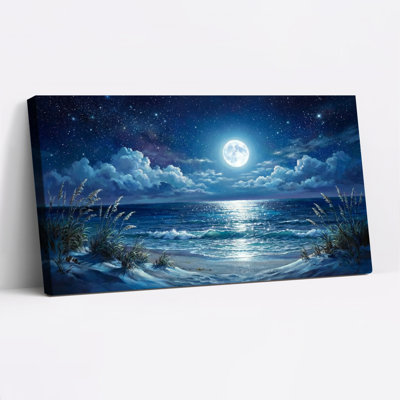 «Moonlit Ocean Beach Night Sky», reproduction d'art sur toile tendue sur toile, ensemble de 1