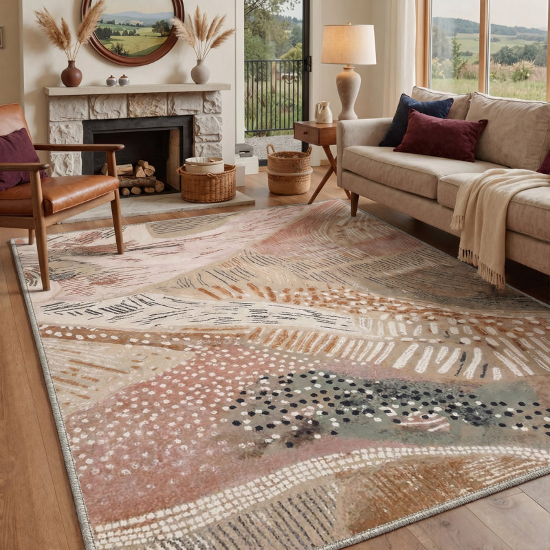 Tonicka Aura Abstract Machine Washable Beige Indoor Area Rug with Non-Slip Backing, Rectangle 9' x 12'