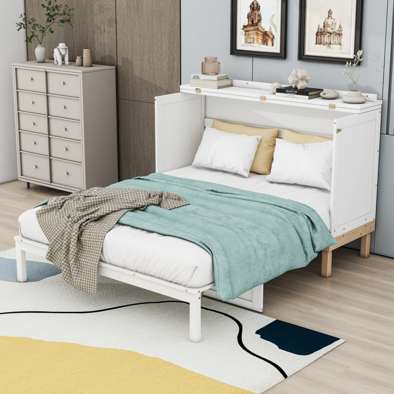Grand lit plateforme escamotable en bois, Blanc