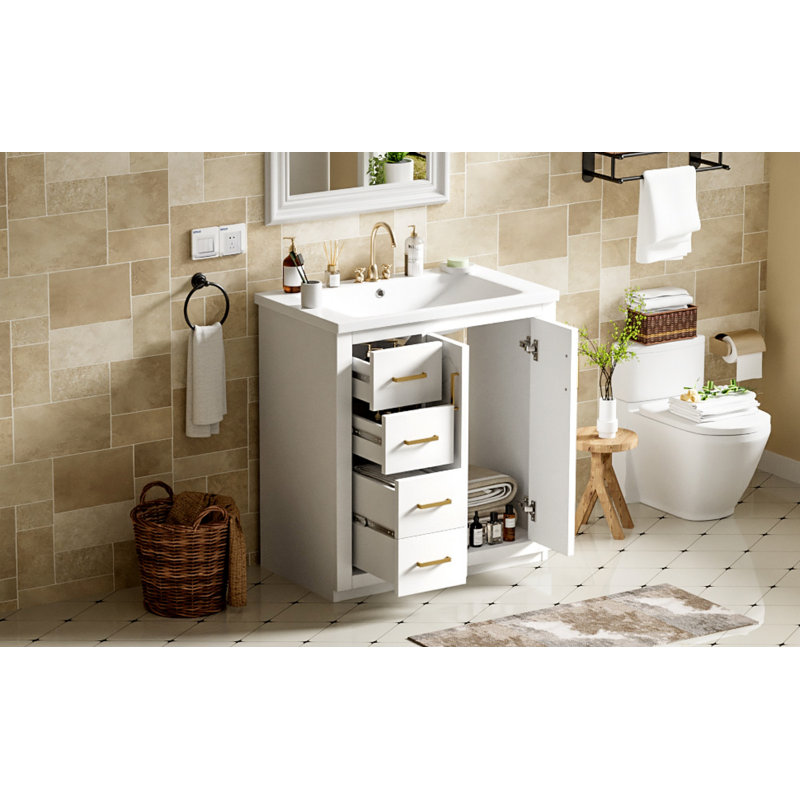 Meuble-lavabo de salle de bain avec lavabo en céramique, armoire de rangement de salle de bain à cadre en bois avec tiroirs et portes à fermeture douce