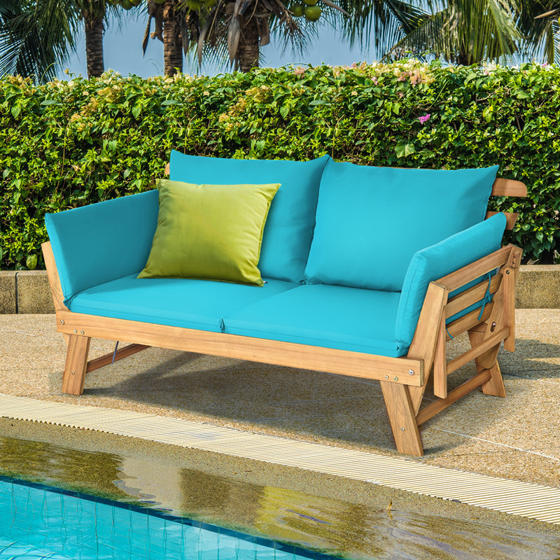 Alsa 62'' Wide Straight Acacia Wood Patio Daybed with Cushions, Turquoise