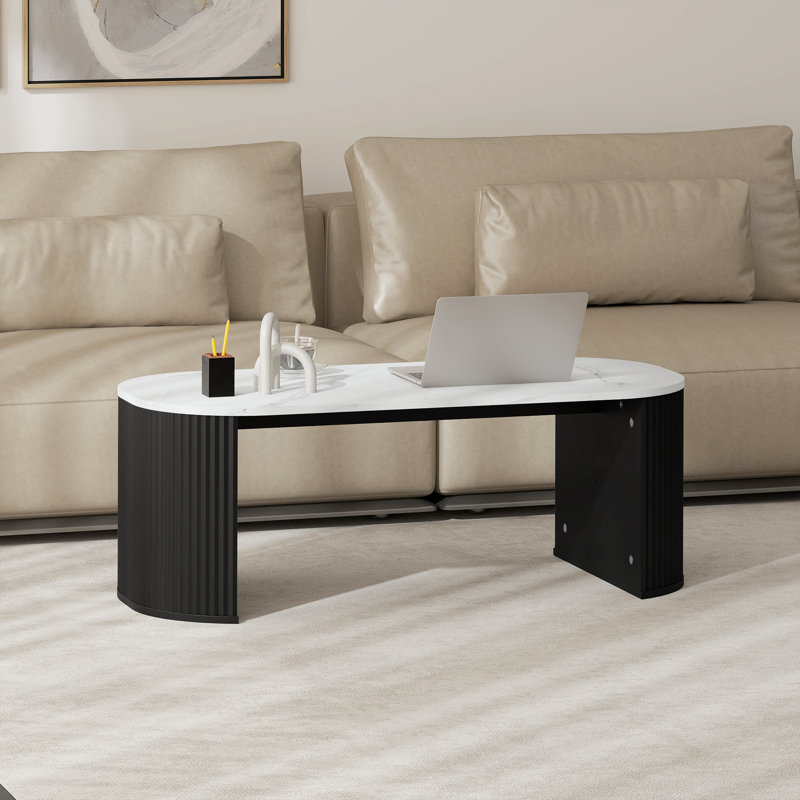 Coffee Table, Centre Table with Marble-Effect Top, Black, Black