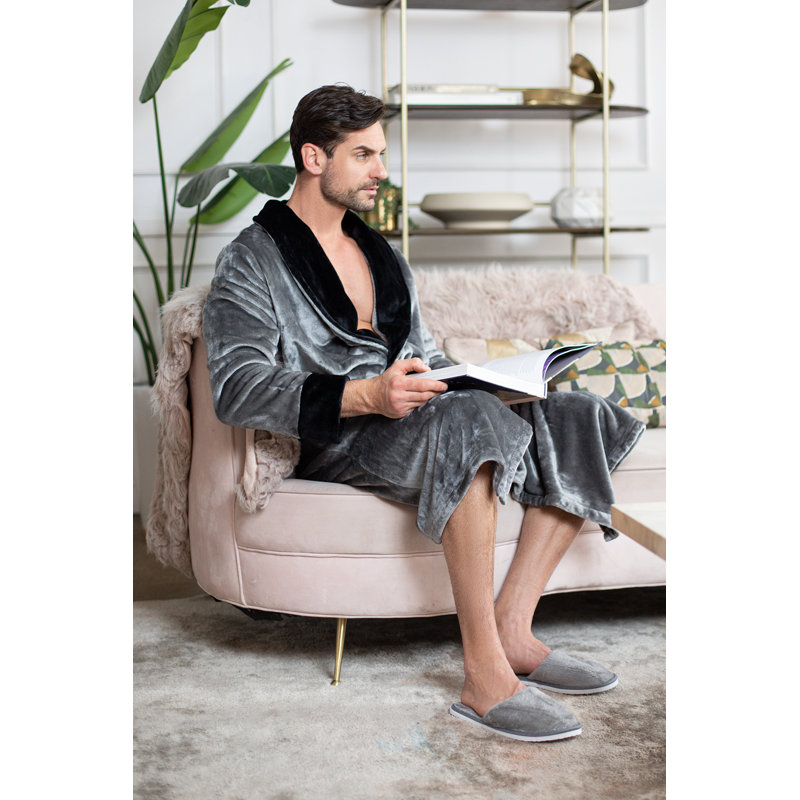  Peignoir en molleton mi-mollet avec poches, G / TG, Gris noir