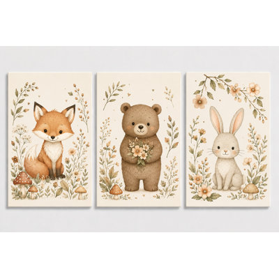 Large Set of 3 Woodland Animal Nursery Wall Art Fox Bear Bunny Forest Canvas Prints Neutral Baby Room Decor Kids Bedroom 16x24 Inch Canvas Print - Ready to hang
