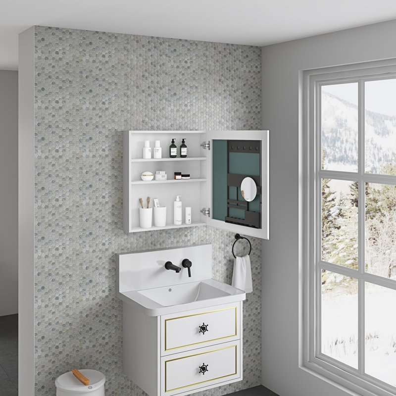 Armoire de rangement pour pharmacie 24 po x 26 po - Bord biseauté avec miroir, ouverture de porte à droite, rangement généreux, bois d'ingénierie, charnières, blanc avec miroir, espace de porte spacieux, reflet, silencieux