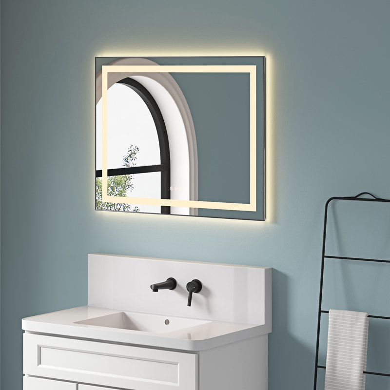 Miroir de salle de bain mural 91 x 71 cm avec éclairage DEL, effet brume, 3 couleurs, intensité variable, cadre en aluminium gris cendré, fonction mémoire, éclairage avant et arrière