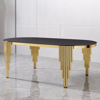 Black Glass Top oval Dining Table with gold stainless Steel Base