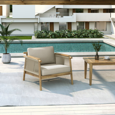 Durable Acacia Wood Outdoor Club Chair With Rope-Woven Arms And Water-Resistant Cushions, Perfect For Patio Relaxation