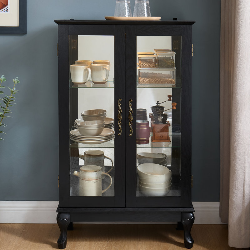 Elegant Display Cabinet With Tempered Glass, Lighted Feature, And Mirrored Back For Home Or Office Decor Curio Interior, Vintage Charm, Metal Handle Showcasing Family Heirlooms