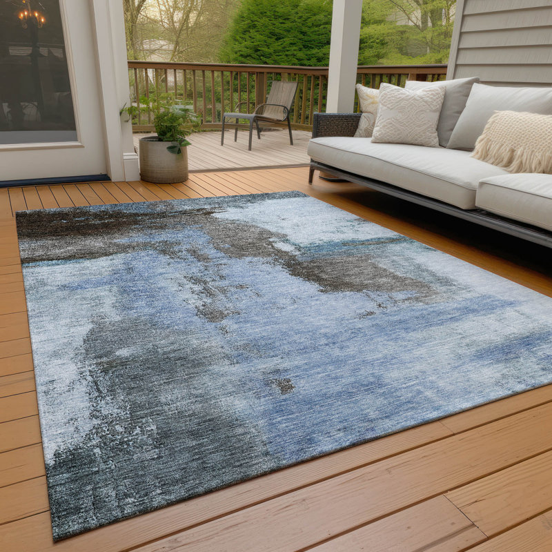 Blue Abstract Washable Synthetic 3' x 5' Area Rug