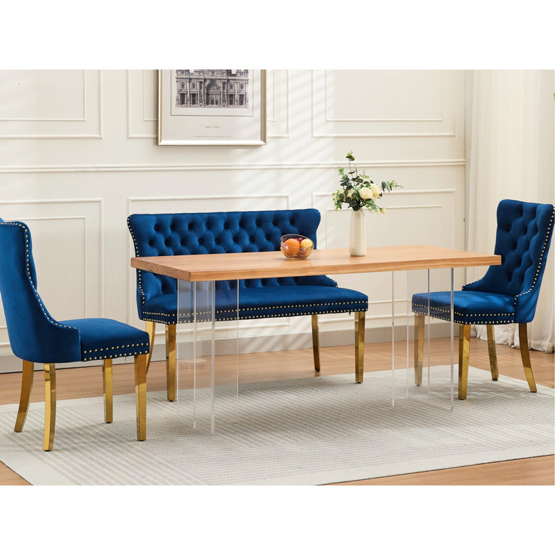 Banc de salle à manger 2 places en velours bleu de style Mid-Century Modern, orné de boutons faits à la main et offrant une assise confortable.