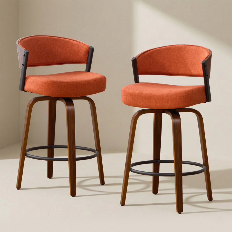 Tabouret de bar pivotant à 360 ° de style Mid-Century courbé moderne avec siège rembourré et dossier ouvert, Orange assombri