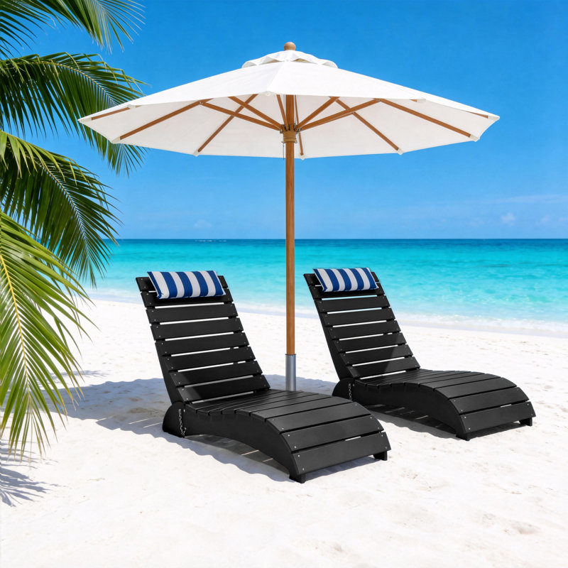 HDPE Patio Chaise Lounge, Waterproof Ergonomic Design with 3-Position Adjustable & Headrest, for Pool, Deck & Beach, Black