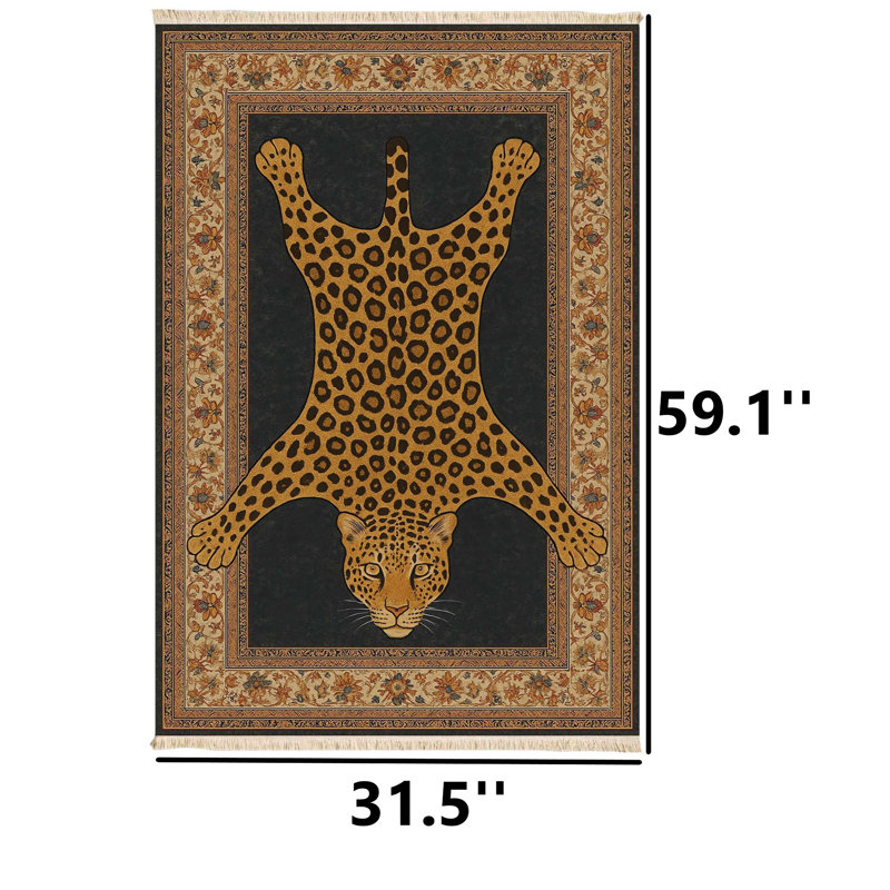 Traditional Framed Leopard Pelt Skin Floral Area Rug 