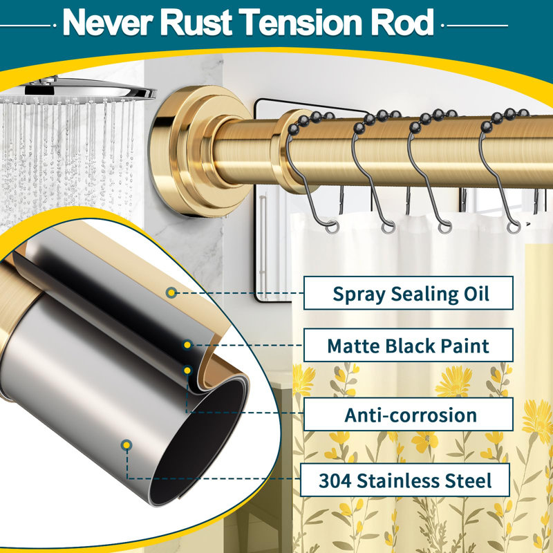 Gold Adjustable Stainless Steel Tension Shower Curtain Rod