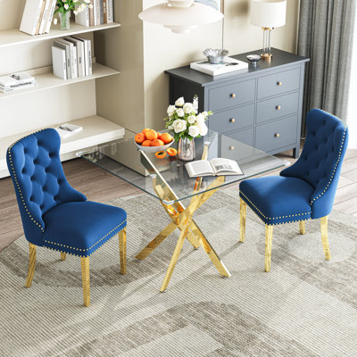 Modern Square Glass Dining Table Set For 2, 36" Tempered Glass Top With Velvet Tufted Nailhead Trim Chairs