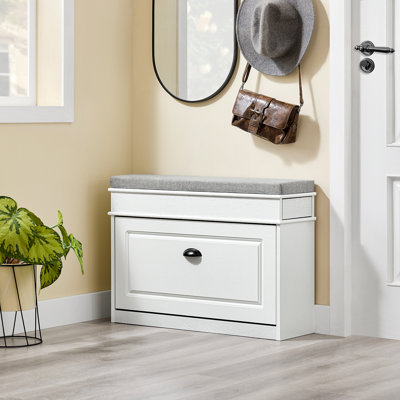 Shoe Storage Bench with 1 Flip-Drawer,  Padded Seat for Hallway,Shoe Rack with Cushion，White Vintage Wood Grain Effect