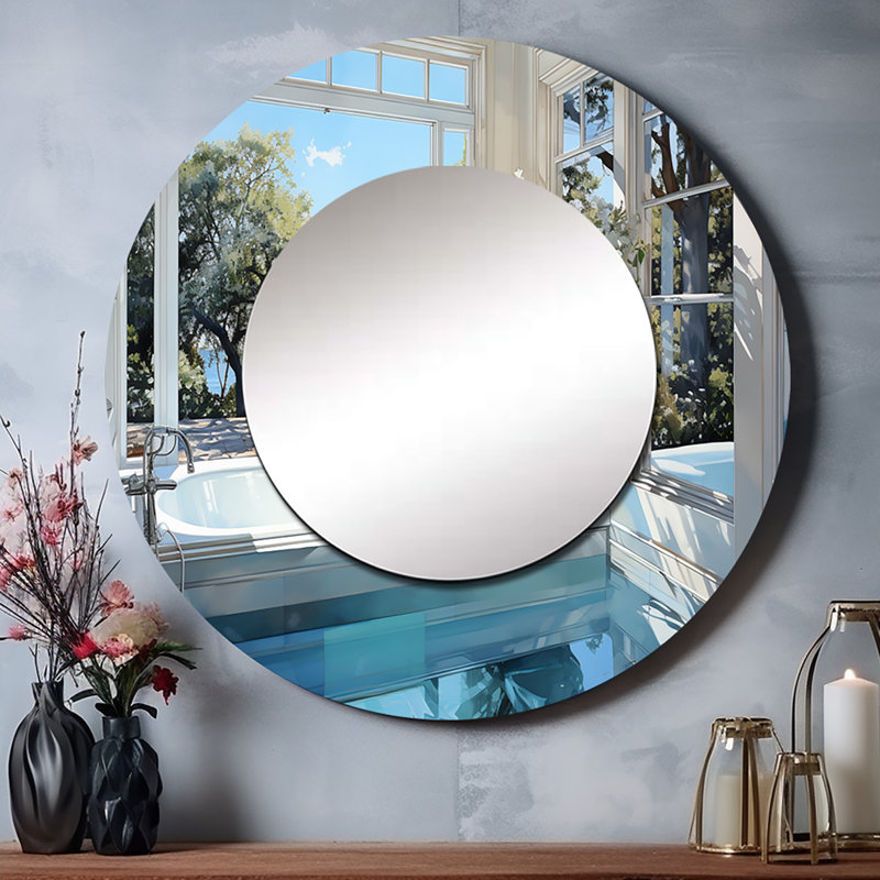 Bathroom Tranquil Reflections III - Bathroom Unique Wall Mirror, Traditional Round Mirror, Printed Metal Art, 36" x 36"