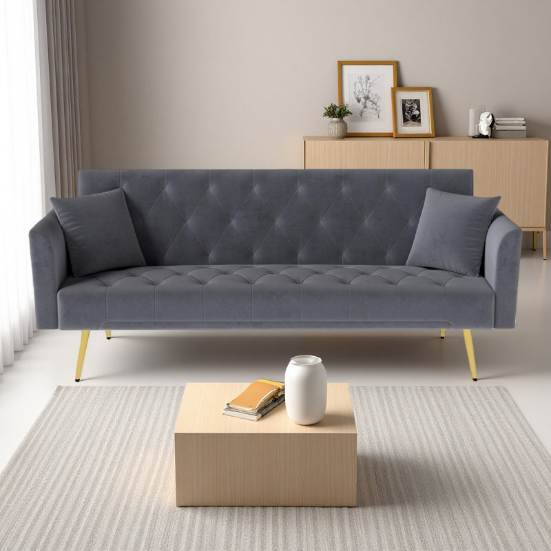 Modern Convertible 72.87 Inch Foldable Sleeper Sofa With Tufted, American Retro Style, Made Of Velvet Material, Gray