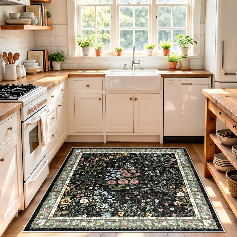 Tapis floral Eden Mughal, Noir, Carré : 4 pi