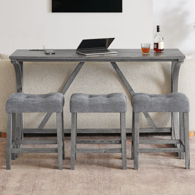 Table de salle à manger de 150 cm avec prise de courant intégrée, 3 chaises rembourrées en lin, ensemble de 4 pièces pour salon - Structure stable et résistante aux rayures, 150 cm de prises électriques, tabourets, cadre en bois massif, idéal pour bar, appartement ou loft.
