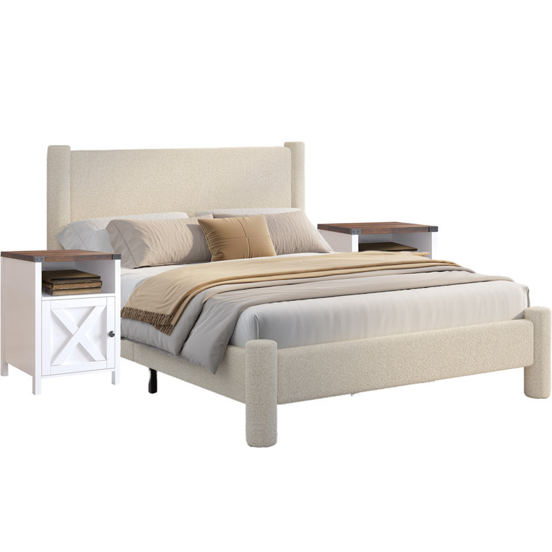 Ensemble de chambre à coucher avec lit 3 pièces Boucle, Double, Crème