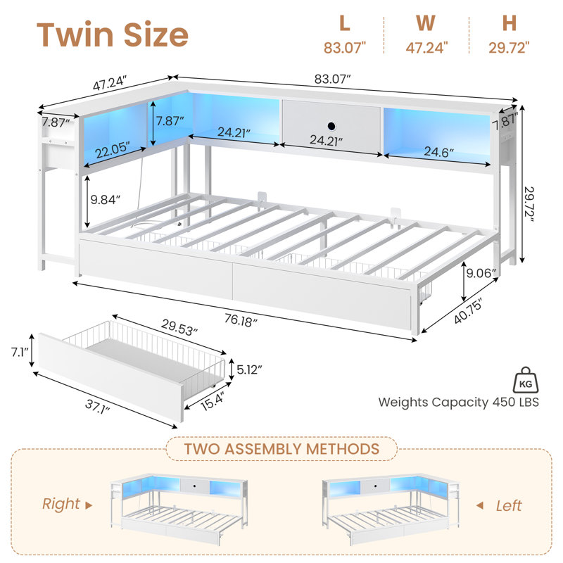 Twin Corner Bed Frame With Bookcase Storage & Led Light Headboard, Charging Station, Metal Daybed With 2 Drawers & Open Cubbies, For Small Bedrooms, White