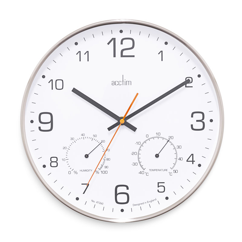 Acctim Komfort Wall Clock Non-Ticking Sweep Metal Case Thermometer Hygrometer Display Brushed Steel 30cm