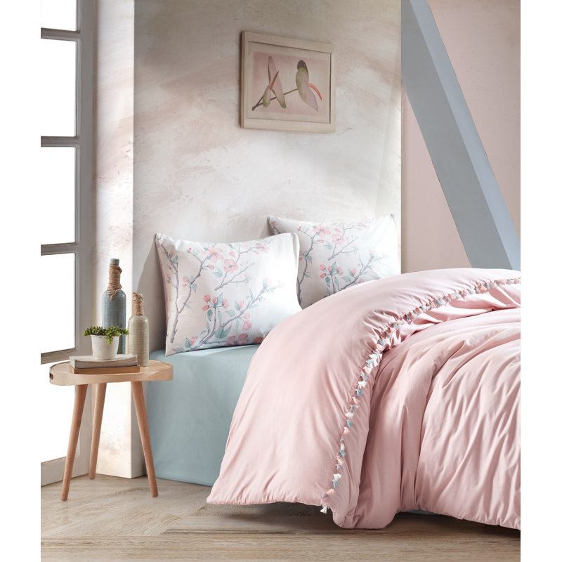 Ensemble de housse de couette 100% coton menthe / gris / blanc Euben, 63" x 87" Duvet Cover + 2 Additional Pieces