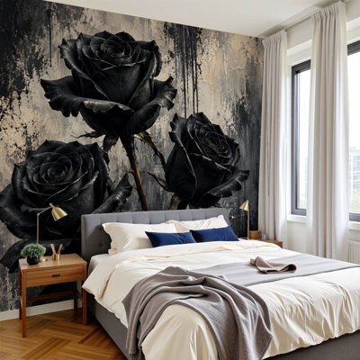 Papier peint adhésif auto-adhésif moderne pour la chambre à coucher Peel and Stick L 69 po x l 96 po avec roses noires gothiques foncées