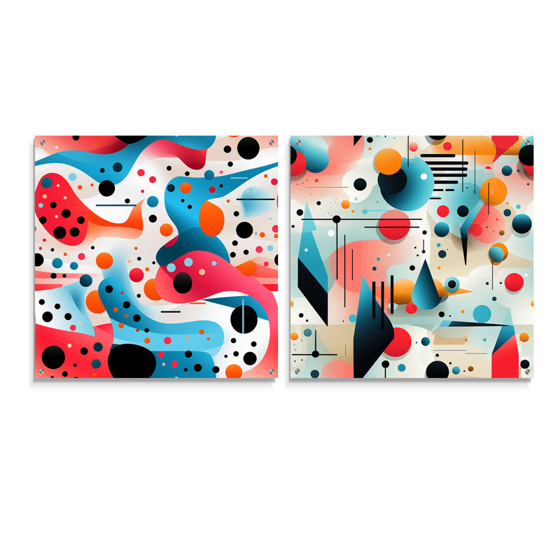 «Pink and Blue 1950S Trendy Patterns I», ensemble de 2 peintures murales abstraites géométriques en acrylique