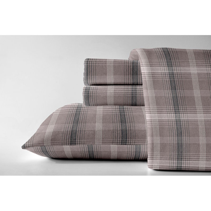 200 Thread Count 100% Cotton Flannel Sheet Set, King, Charcoal Brown Plaid