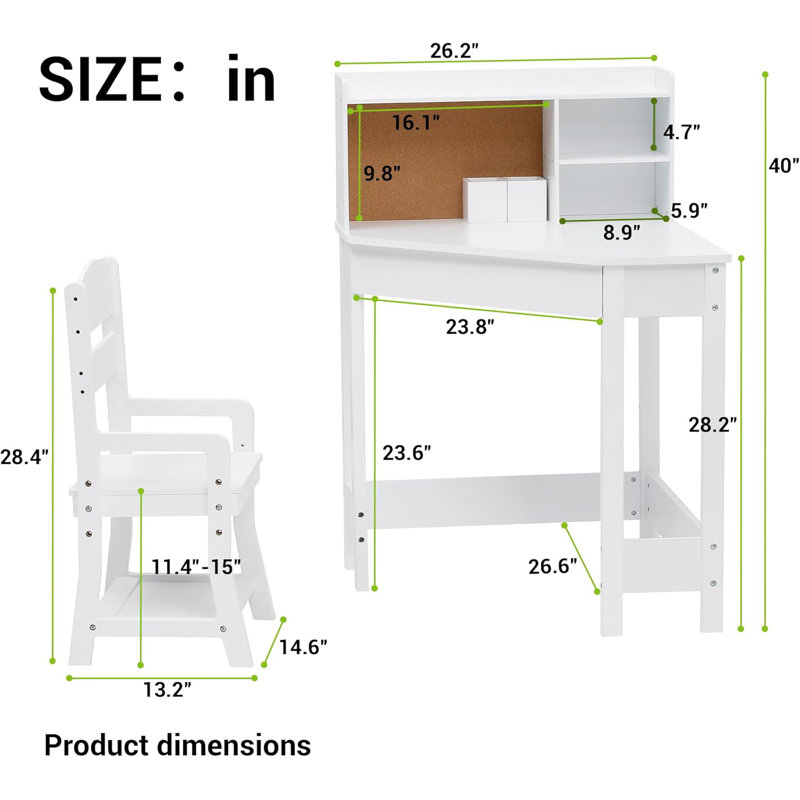 Ensemble de bureau de coin pour petits espaces, table de travail en bois avec chaise réglable, bahut, tableau de liège, porte-stylo, ensemble de bureau compact pour enfants