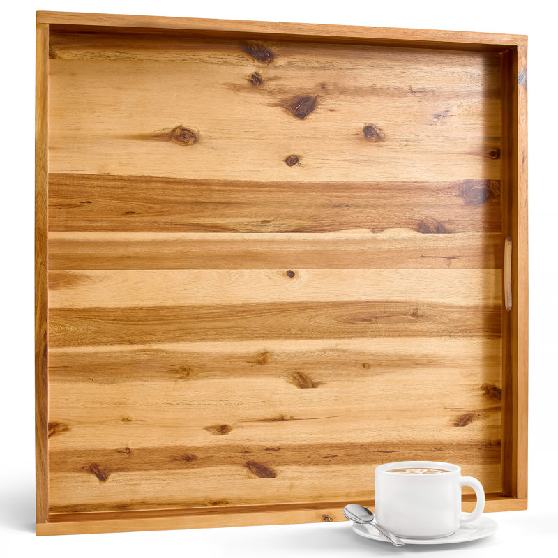 24 Inch Solid Wood Square Decorative Tray With Handles - Serving Tray Ottoman Tray, 24"W x 24"D, Brown