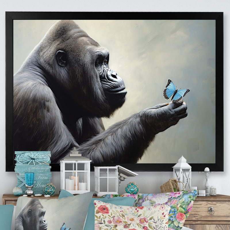 " Gorillas Gentle Touch Butterfly I " Print, Black Single Picture Framed, 30" H x 40" W x 1.5" D