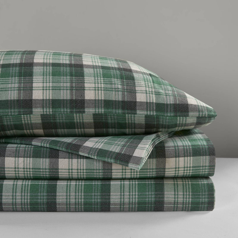 Soft Velvet Feel Cotton Flannel Sheets Cozy Sleep Experience In Green Plaid Style