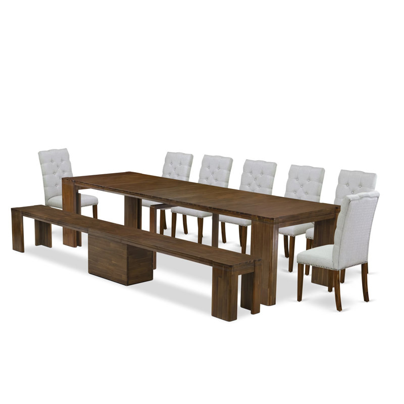 L'ensemble de salle à manger 9 pièces comprend une table de salle à manger rectangulaire extensible, 7 chaises de salle à manger et 1 banc moderne, noyer antique